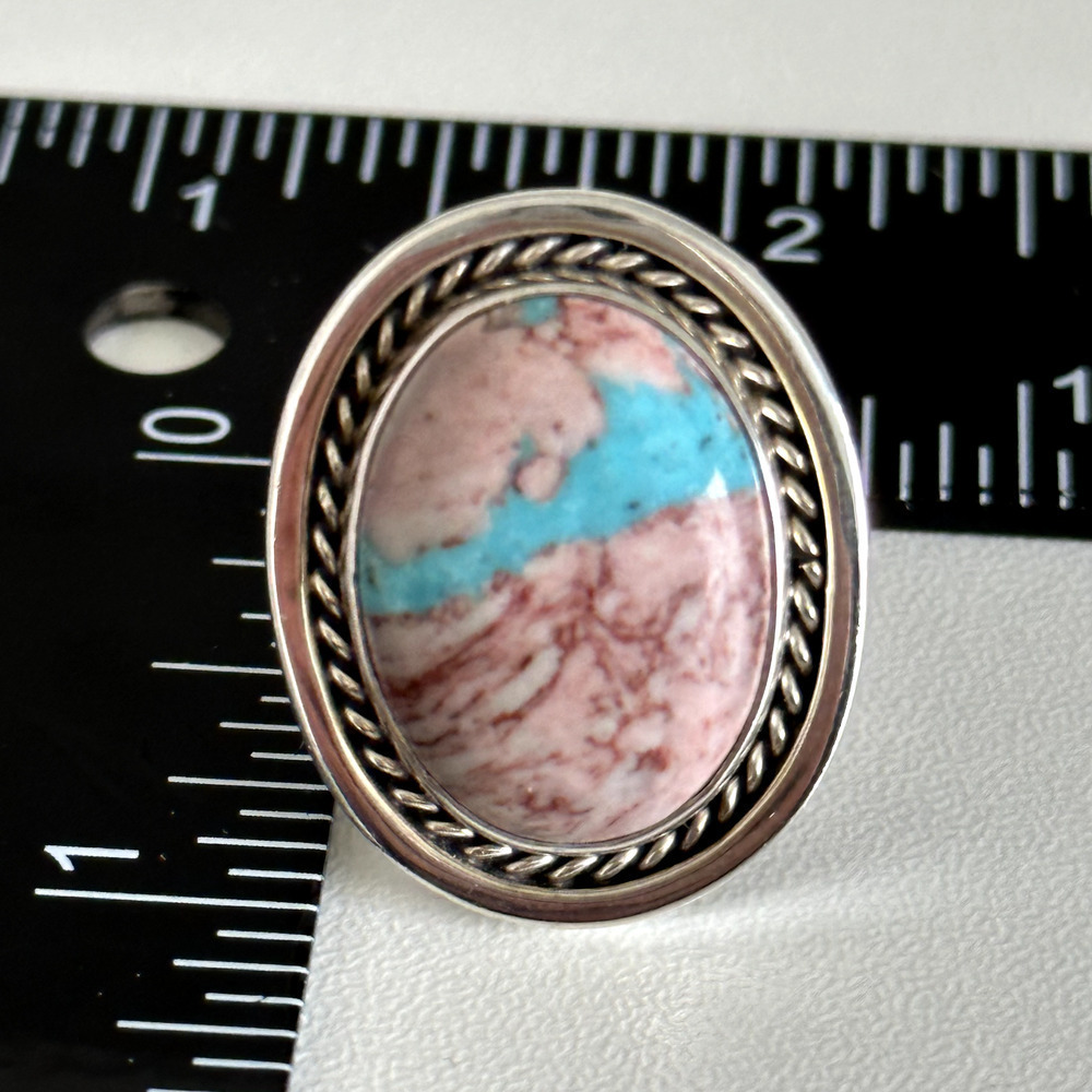 Vintage 925 Sterling Silver Running Bear Large Pink Blue Turquoise Ring Size 7 - Picture 11 of 14